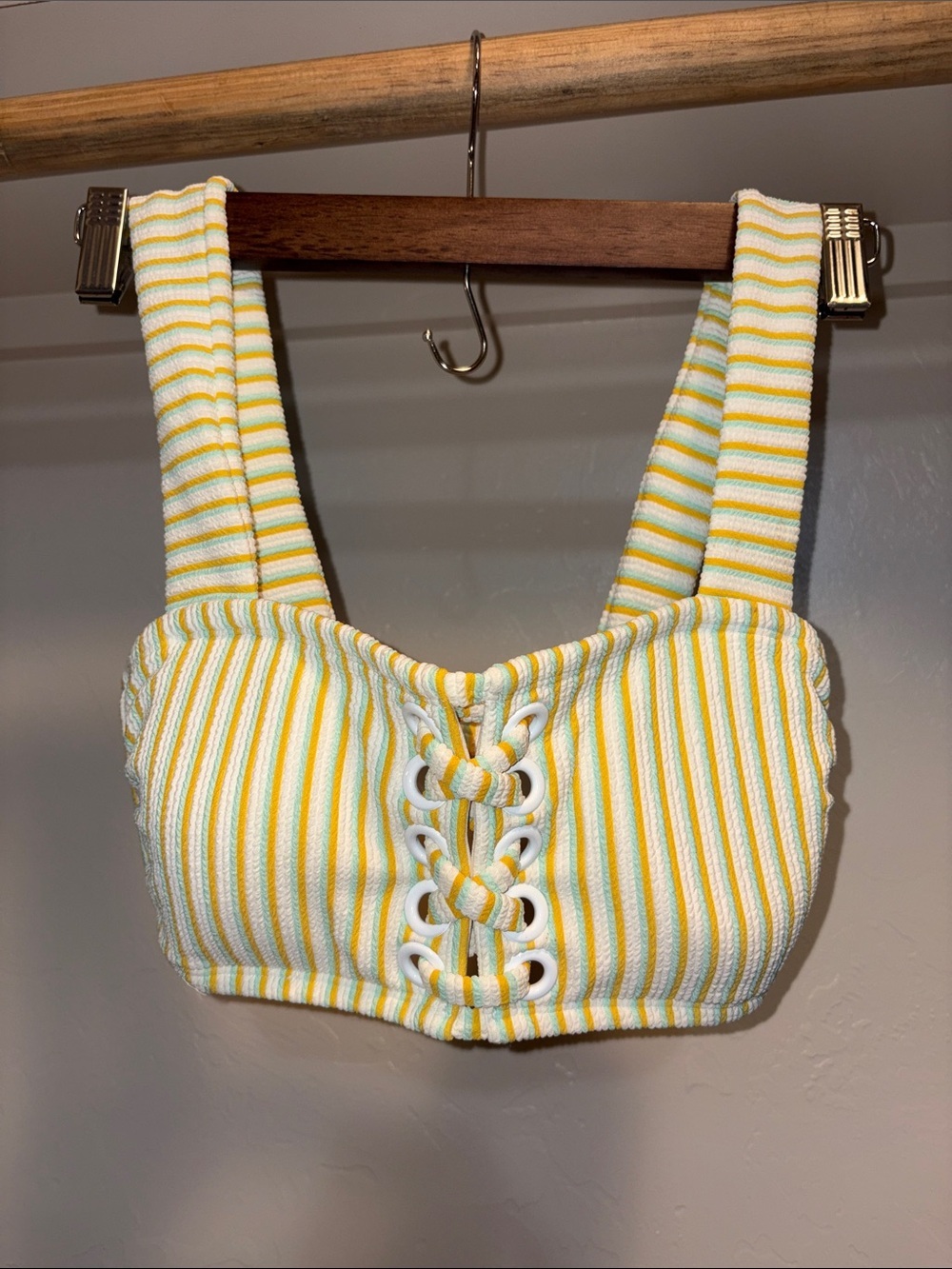 Xhilaration Yellow White Striped Lace-Up Bikini Top
